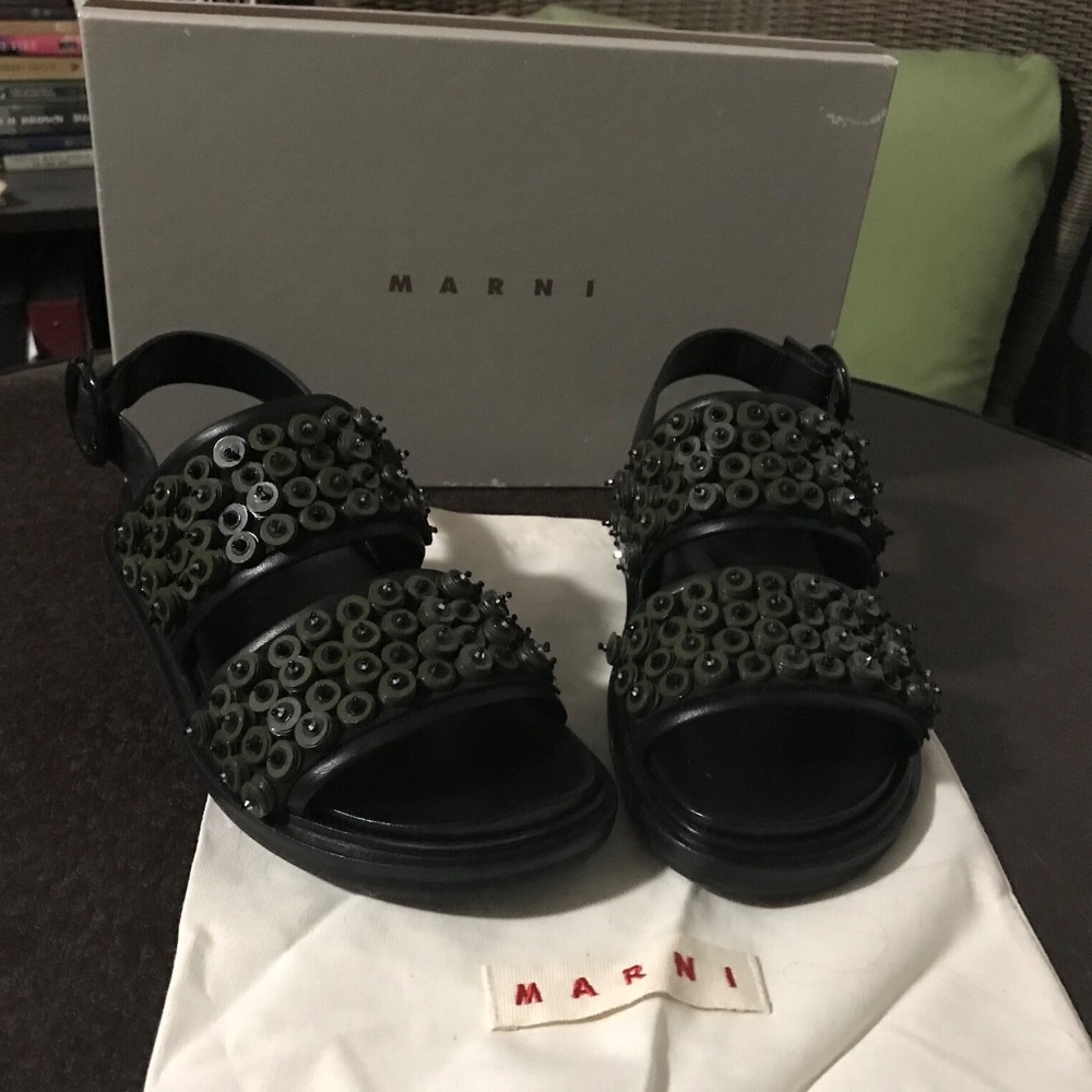 MARNI FUSSBETT Olive Green Rubber Studded Black Leather Sandals 37.5